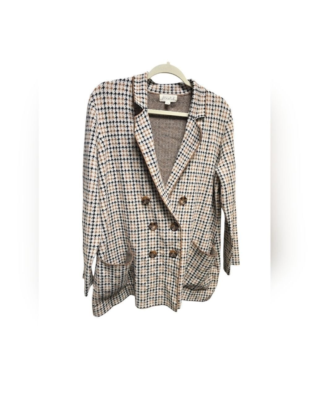 Marled Ivory Brown Black Houndstooth Double Breasted Sweater Jacket XL